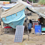 A view of solar panel installed outside a makeshift house at Qasimabad for providing a renewable energy source