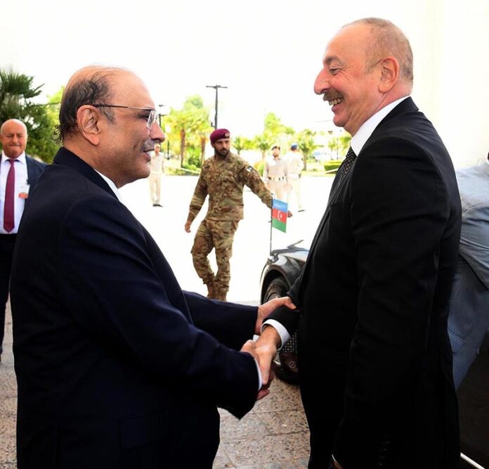 President Asif Ali Zardari welcoming the President of Azerbaijan, Ilham Aliyev, upon his arrival, at Aiwan-e-Sadr