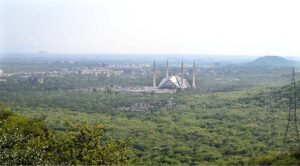 An attractive view of Faisal Masjid through famous picnic spot Daman-e-Koh