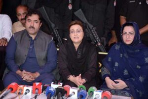 Provincial Information Minister Punjab Uzma Bukhari addressing a press conference at Clock Tower.