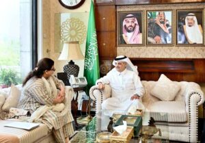 Minister of State for IT and Telecommunication Ms. Shaza Fatima Khawaja in a meeting with Ambassador of the Kingdom of Saudi Arabia to Pakistan H.E. Nawaf bin Saeed Ahmad Al-Malkiy.