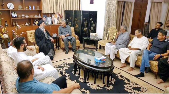 Interior Minister Mohsin Naqvi in a meeting with Ayatullah Syed Aqeel-ul-Gharavi and Former Caretaker CM Sindh Justice (R) Maqbool Baqar