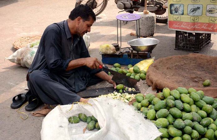 A vendor is cutting mangoes for making pickle at Jhang Bazaar