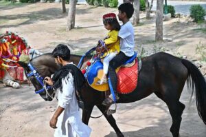 Children enjoy horse ride at famous picnic spot Daman-e-Koh