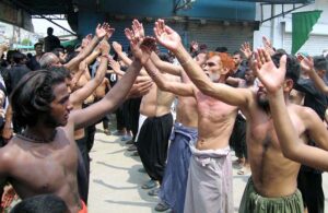 Mourners beating themselves during procession on 9th Muharramul Haram. Muharramul Harram known as the first month of the Islamic calendar and the mourning month in remembrance of the martyrdom (Shahadat) of Hazrat Imam Hussain (RA), the grandson of the Holy Prophet Mohammad (PBUH).