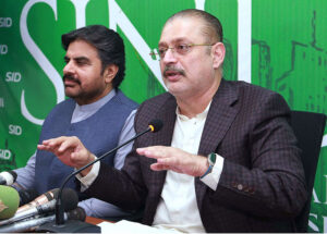 Sindh Minister for Information, Transport, Excise Dept Sharjeel Inam Memon, Minister Syed Nasir Hussain Shah addressing a press conference in the provincial capital.