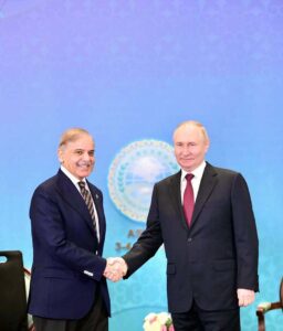 Prime Minister Muhammad Shehbaz Sharif meets with the President of Russia H.E. Vladimir Putin.