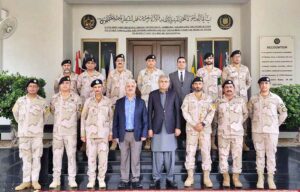 Federal Minister for Interior and Anti Narcotics Mohsin Naqvi in a group photo during his visit to ANF Headquarters