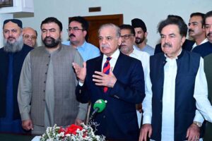 Prime Minister Muhammad Shehbaz Sharif talking to the media after the signing of agreement to solarise agricultural tubewells of Balochistan