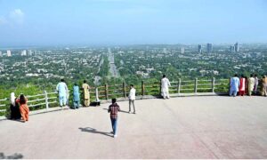 An attractive view of Faisal Masjid through famous picnic spot Daman-e-Koh