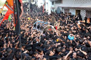 A large number of mourners attending the procession of 9th Muharramul Harram at Karbala Rohri. Muharramul Harram known as the first month of the Islamic calendar and the mourning month in remembrance of the martyrdom (Shahadat) of Hazrat Imam Hussain (RA), the grandson of the Holy Prophet Mohammad (PBUH).