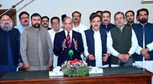 Prime Minister Muhammad Shehbaz Sharif talking to the media after the signing of agreement to solarise agricultural tubewells of Balochistan
