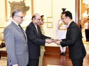 The Ambassador-designate of Tajikistan, Sharifzoda Yusuf Toir presenting his diplomatic credentials to President Asif Ali Zardari at Aiwan-e-Sadr.