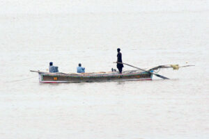 Fisherman busy in fishing on the boat after increased water level in Indus River due to heavy monsoon rain in the country.