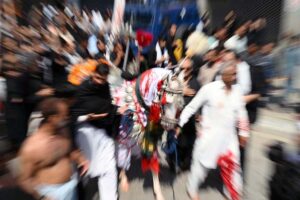 A large number of mourners attending the 9th Muharram Zuljinah procession passes through Saadar Road. Muharram Ul Haram is known as the first month of the Islamic calendar and the mourning month in remembrance of the martyrdom (Shahadat) of Hazrat Imam Hussain (RA), the grandson of the Holy Prophet Mohammad (PBUH).