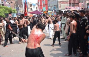 Mourners beating themselves during procession on 10th of Holy Month of Muharramul Harram. Muharram is the mourning month in remembrance of the Shahadat of Hazrat Imam Hussain (RA), the Grandson of the Holy Prophet Mohammad (PBUH).