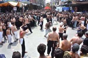 Mourners beating themselves during procession on 10th of Holy Month of Muharramul Harram. Muharram is the mourning month in remembrance of the Shahadat of Hazrat Imam Hussain (RA), the Grandson of the Holy Prophet Mohammad (PBUH).