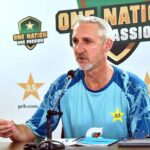 Pakistan Men’s red-ball Head Coach Jason Gillespie addressing a press conference at the National Bank Stadium