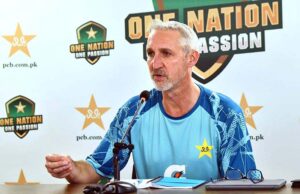 Pakistan Men’s red-ball Head Coach Jason Gillespie addressing a press conference at the National Bank Stadium