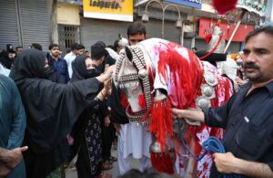 A woman with her child attending the 9th Muharram Zuljinah procession. Muharram Ul Haram is known as the first month of the Islamic calendar and the mourning month in remembrance of the martyrdom (Shahadat) of Hazrat Imam Hussain (RA), the grandson of the Holy Prophet Mohammad (PBUH).