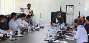 Federal Minister for Overseas Pakistanis and Human Resource Development Chaudhry Salik Hussain chairing meeting at Workers Welfare Fund Office.