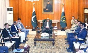 President Asif Ali Zardari chairing a meeting on saving Karachi from urban flooding, environmental degradation and promoting sustainable water resource development at Aiwan-e-Sadr.