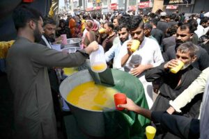 A large number of mourners attending the 9th Muharram Zuljinah procession passes through Saadar Road. Muharram Ul Haram is known as the first month of the Islamic calendar and the mourning month in remembrance of the martyrdom (Shahadat) of Hazrat Imam Hussain (RA), the grandson of the Holy Prophet Mohammad (PBUH).