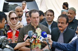Deputy Chief of Mission U.S. Embassy in Islamabad, Mr. Andrew James Schofer, talking to media persons during his visit to the Shrine of Hazrat Musa Pak Shaheed. U.S. Consul General in Lahore Ms. Kristin K. Hawkins also with her.