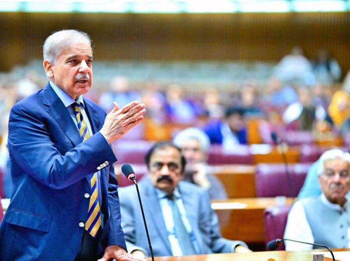 Prime Minister Muhammad Shehbaz Sharif addresses a session of the National Assembly