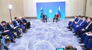 Prime Minister Muhammad Shehbaz Sharif and President of Russia Vladimir Putin in a delegation level talks.