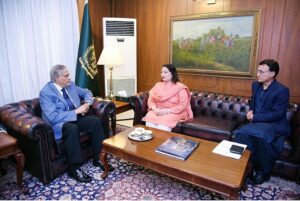 Coordinator to the Prime Minister on Climate Change and Environmental Coordination, Romina Khurshid Alam called on Deputy Prime Minister and Foreign Minister Senator Mohammad Ishaq Dar at Ministry of Foreign Affairs