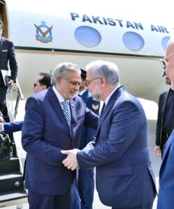 Deputy Prime Minister and Foreign Minister Senator Mohammad Ishaq Dar has arrived in Tehran. He was received by Director General (West Asia) of the Iranian Ministry of Foreign Affairs Seyed Rasoul Musavi at Tehran airport.