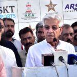 Defense Minister Khawaja Muhammad Asif addressing to ceremony of the final of PCB Inter-District Club Cricket Tournament 2024