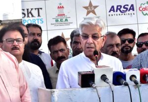 Defense Minister Khawaja Muhammad Asif addressing to ceremony of the final of PCB Inter-District Club Cricket Tournament 2024