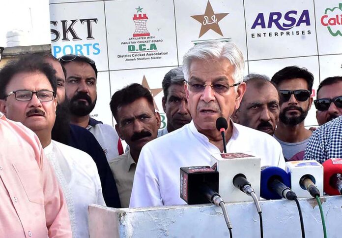 Defense Minister Khawaja Muhammad Asif addressing to ceremony of the final of PCB Inter-District Club Cricket Tournament 2024