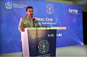 Federal Secretary, Ministry of Information Technology and Telecom, Capt. (Retd) Muhammad Mahmood addressing to seminar on National Championship Final Year Projects (NCFYP) 2022-23 of National Grassroots ICT Research Initiative.