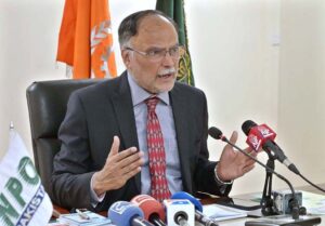 Federal Minister for Planning Development & Special Initiatives, Ahsan Iqbal addressing to media during his visit at National Productivity Organization (NPO) Office.