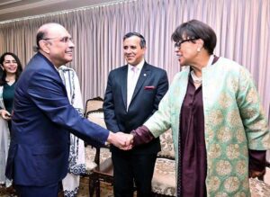 President Asif Ali Zardari welcoming the Secretary-General of Commonwealth, Ms Patricia Scotland, at Aiwan-e-Sadr.