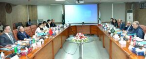 Chinese Ambassador H.E. Jiang Zaidong being briefed by Federal Minister for Board of Investment Abdul Aleem Khan, during a high level meeting in Islamabad on July 24, 2024. Federal Minister for Commerce Jam Kamal and Special Assistant to Prime Minister Tariq Fatemi is also present in the meeting.
