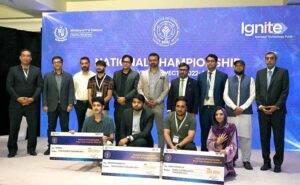 Federal Secretary, Ministry of Information Technology and Telecom, Capt. (Retd) Muhammad Mahmood addressing to seminar on National Championship Final Year Projects (NCFYP) 2022-23 of National Grassroots ICT Research Initiative.