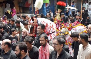 Mourners attending the procession on 10th of Holy Month of Muharramul Harram. Muharram is the mourning month in remembrance of the Shahadat of Hazrat Imam Hussain (RA), the Grandson of the Holy Prophet Mohammad (PBUH).