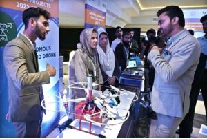 Federal Secretary, Ministry of Information Technology and Telecom, Capt. (Retd) Muhammad Mahmood addressing to seminar on National Championship Final Year Projects (NCFYP) 2022-23 of National Grassroots ICT Research Initiative.