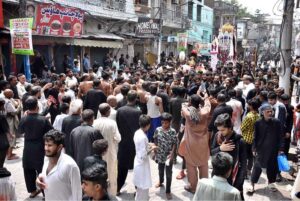 Mourners attending the procession on 10th of Holy Month of Muharramul Harram. Muharram is the mourning month in remembrance of the Shahadat of Hazrat Imam Hussain (RA), the Grandson of the Holy Prophet Mohammad (PBUH).