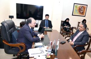 Minister for Finance & Revenue Senator Muhammad Aurangzeb called on by the Ambassador designate to the USA Rizwan Saeed Sheikh.
