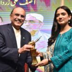 President Asif Ali Zardari giving awards to the position holder students of Mass Communication during “Prof Waris Mir Memorial Seminar” to pay tribute to Waris Meer organized by Waris Mir Foundation at Alhamra
