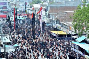 Mourners oozing themselves with knives and chains during procession on 9th Muharram ul Harram. Muharram Ul Haram is known as the first month of the Islamic calendar and the mourning month in remembrance of the martyrdom (Shahadat) of Hazrat Imam Hussain (RA), the grandson of the Holy Prophet Mohammad (PBUH).
