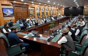 Chief Minister Gilgit-Baltistan Haji Gulbar Khan meets with affected individuals from the Dasu Hydro Power Project at the CM Secretariat.