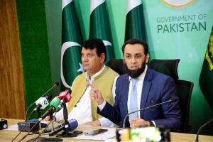 Mr. Attaullah Tarar, Federal Minister for Information and Broadcasting, & Federal Minister for States and Frontier Regions & Kashmir Affairs and Gilgit Baltistan Engr Amir Muqam, addressing a press conference.