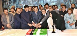 Chairman Senate, Syed Yousuf Raza Gilani, Former Speaker National Assembly, Raja Pervaiz Ashraf, Senator Saleem Mandviwalla and parliamentarians cutting cake to celebrate birthday of President of Islamic Republic of Pakistan Asif Ali Zardari at Parliament House.