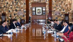Sindh Chief Minister Syed Murad Ali Shah and Federal Minister for Industries & Commerce Rana Tanveer discuss establishing a Special Economic Zone at the additional land of Pakistan Steel Mills.